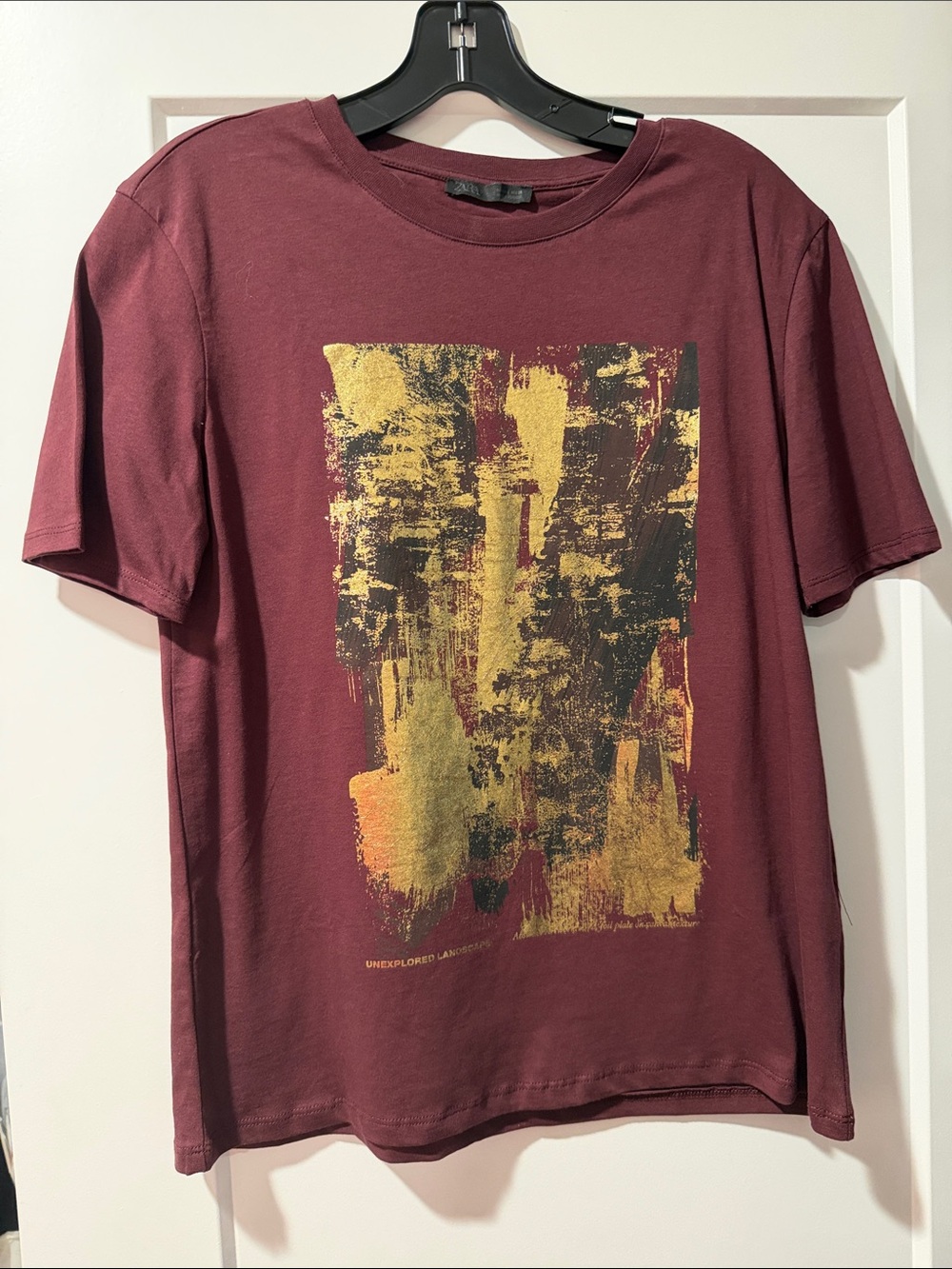 Zara Men's Burgundy Tee with Gold Abstract Print